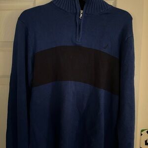 Nautica Blue and Black Zip Up Sweater with Ribbed Pattern